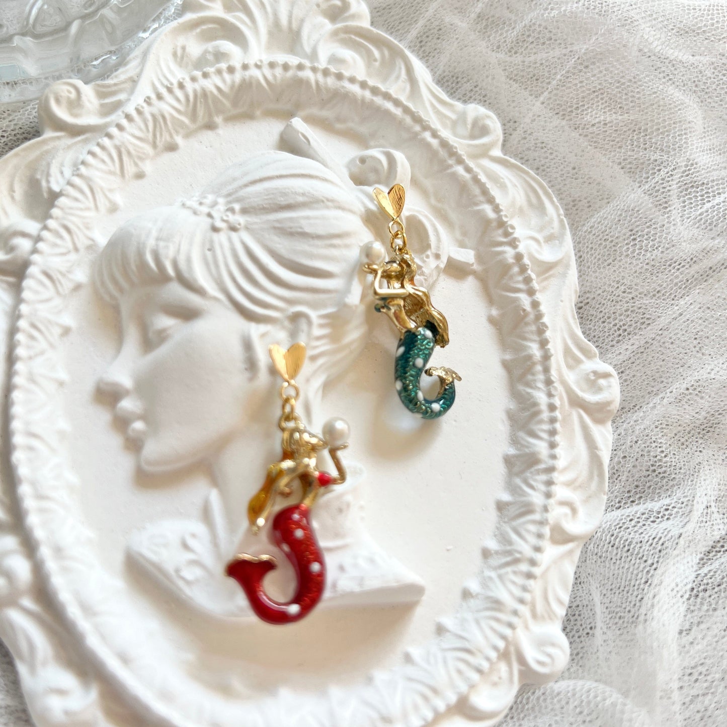 Mermaidland.offical Earrings Heart Shape Twin Mermaid